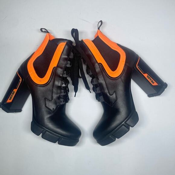 Prada Neon Orange Black Leather Neoprene Lace Up Chelsea Ankle Boot EU 41.5 - Picture 4 of 15